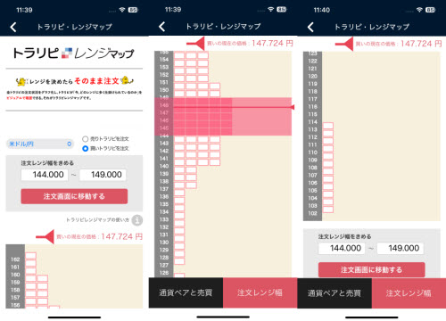 マネースクエアのスマホアプリのトラリピレンジマップ画面